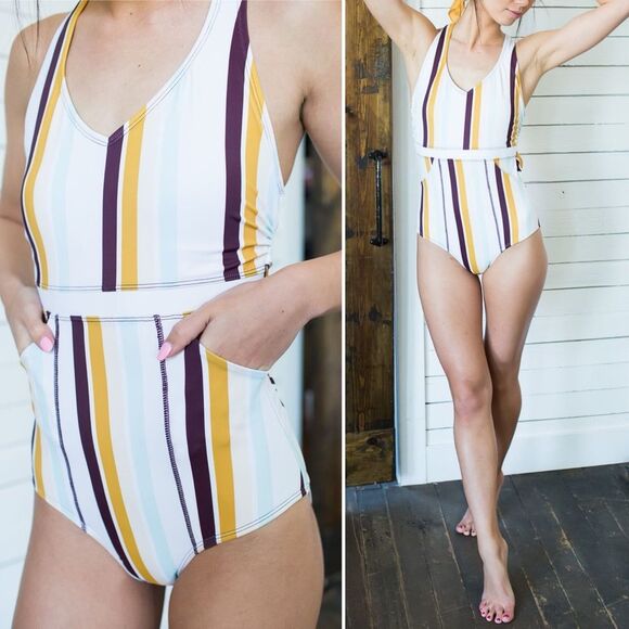 Nani Swimwear One Piece Swimsuit Size Medium Retro Stripe Modest Crisscross Back - Picture 1 of 16